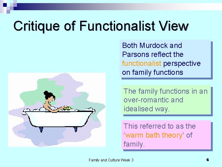 Critique of Functionalist View Both Murdock and Parsons reflect the functionalist perspective on family