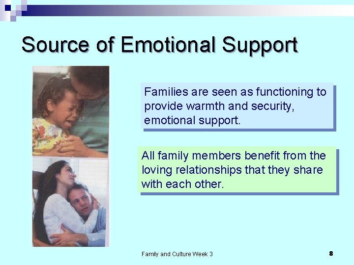 Source of Emotional Support Families are seen as functioning to provide warmth and security,