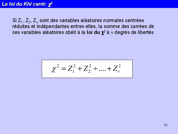 La loi du Khi carré: c 2 Si Z 1, Z 2, Zn sont