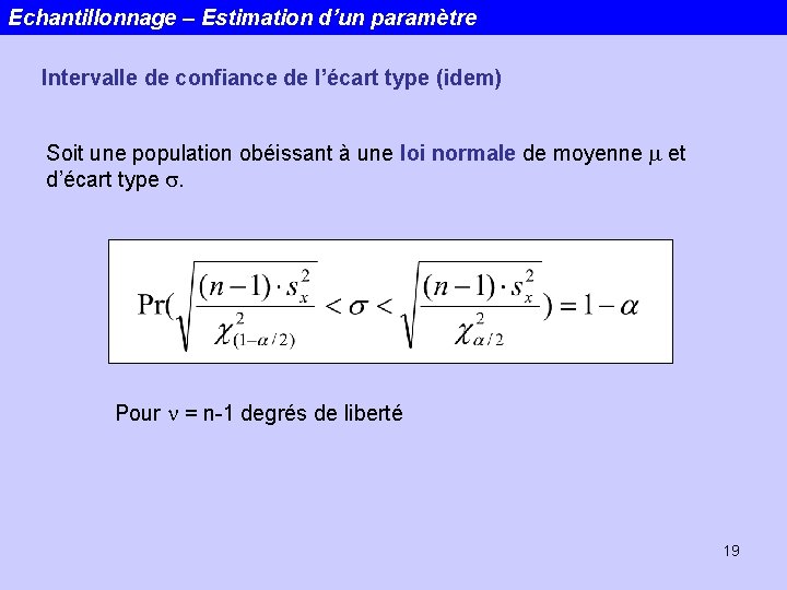 Echantillonnage – Estimation d’un paramètre Intervalle de confiance de l’écart type (idem) Soit une