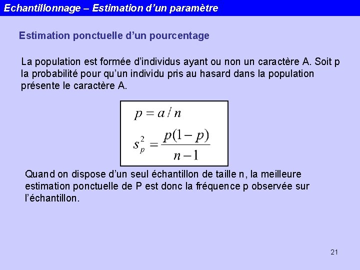 Echantillonnage – Estimation d’un paramètre Estimation ponctuelle d’un pourcentage La population est formée d’individus