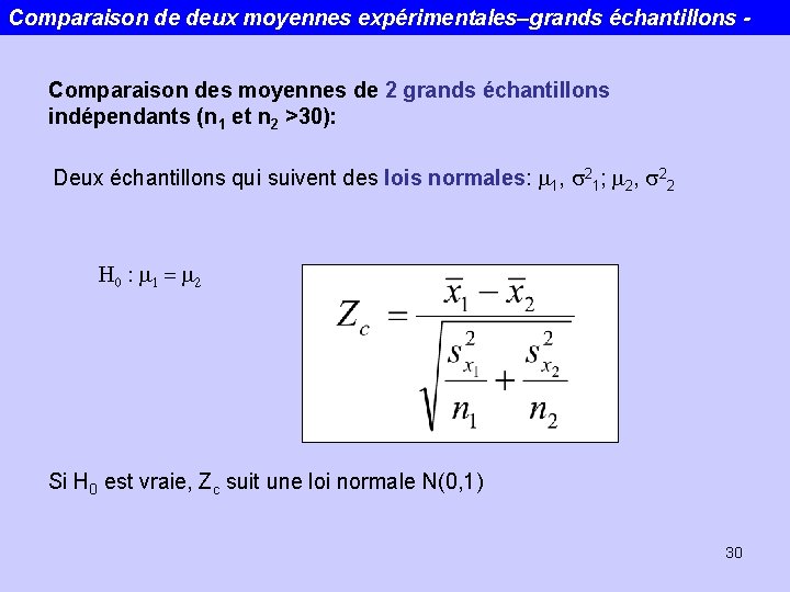 Comparaison de deux moyennes expérimentales–grands échantillons Comparaison des moyennes de 2 grands échantillons indépendants