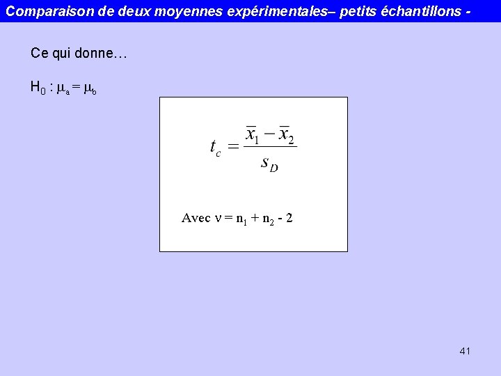 Comparaison de deux moyennes expérimentales– petits échantillons Ce qui donne… H 0 : ma