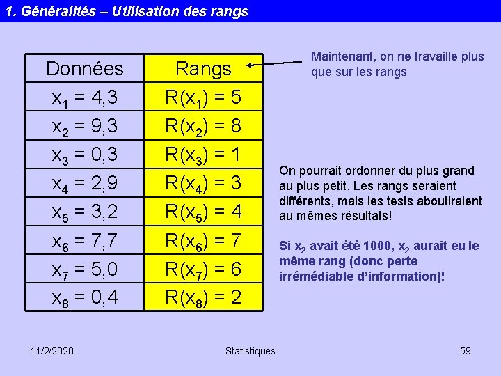 1. Généralités – Utilisation des rangs Données x 1 = 4, 3 x 2