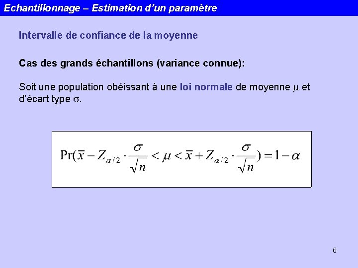 Echantillonnage – Estimation d’un paramètre Intervalle de confiance de la moyenne Cas des grands