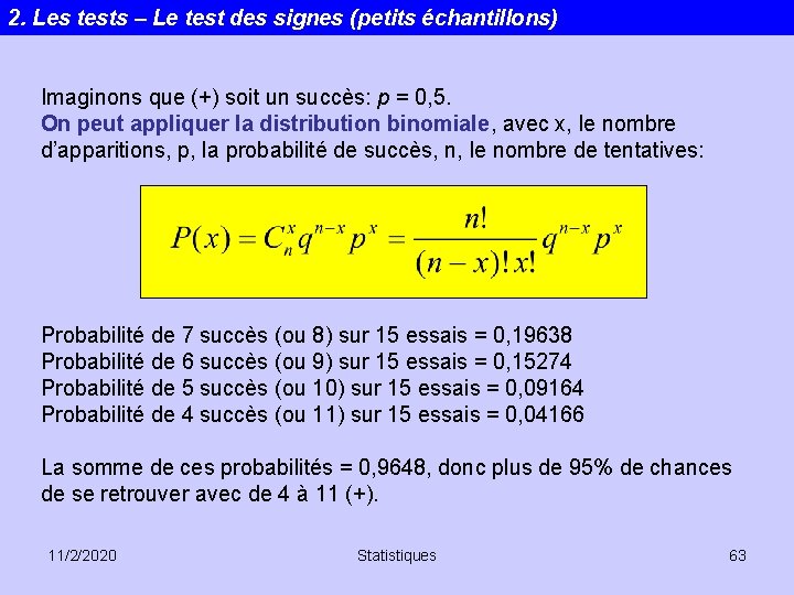 2. Les tests – Le test des signes (petits échantillons) Imaginons que (+) soit