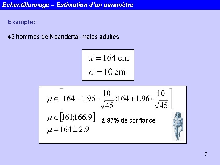 Echantillonnage – Estimation d’un paramètre Exemple: 45 hommes de Neandertal males adultes à 95%