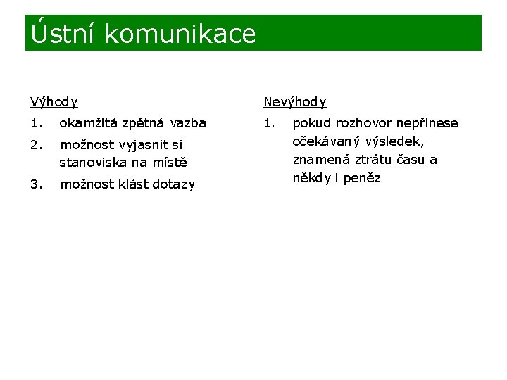 Ústní komunikace Výhody Nevýhody 1. okamžitá zpětná vazba 1. 2. možnost vyjasnit si stanoviska