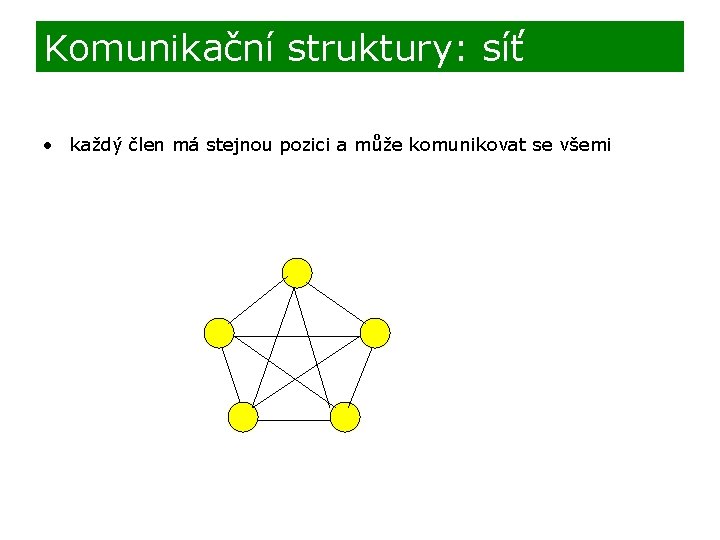 Komunikační struktury: síť • každý člen má stejnou pozici a může komunikovat se všemi