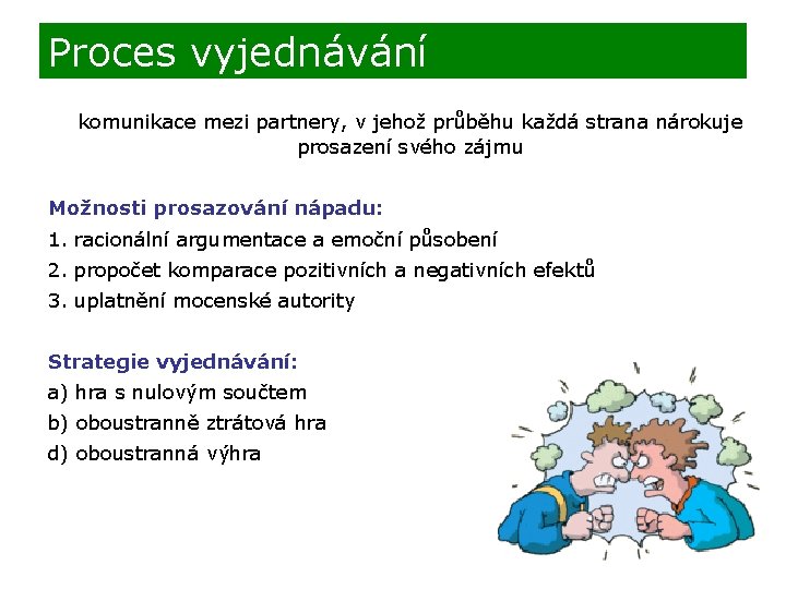 Proces vyjednávání komunikace mezi partnery, v jehož průběhu každá strana nárokuje prosazení svého zájmu