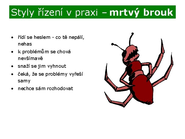 Styly řízení v praxi – mrtvý brouk • řídí se heslem - co tě