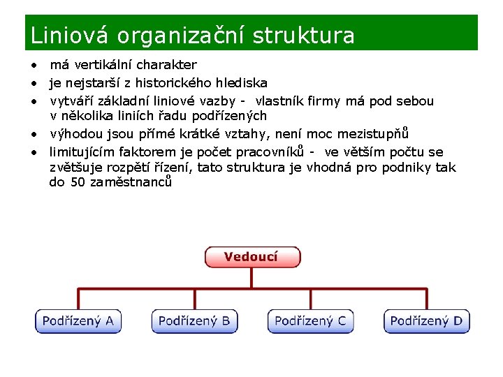 Liniová organizační struktura • má vertikální charakter • je nejstarší z historického hlediska •