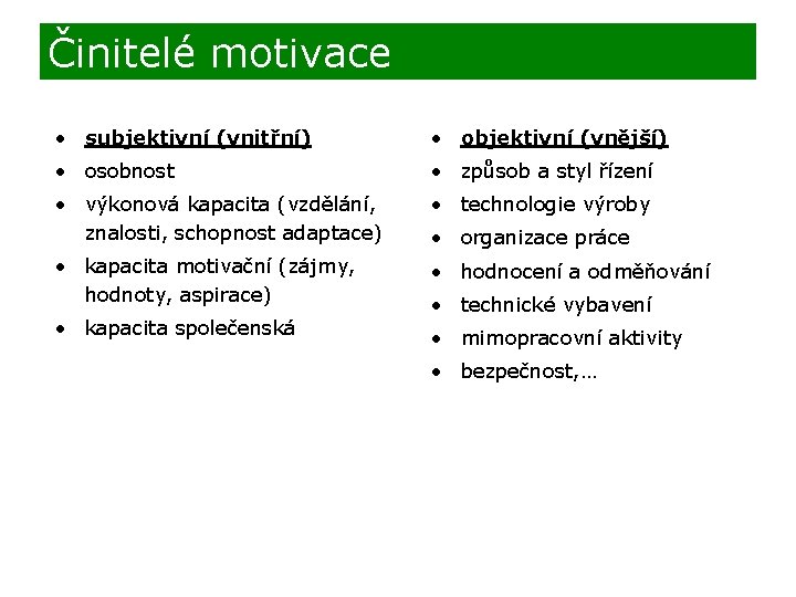 Činitelé motivace • subjektivní (vnitřní) • objektivní (vnější) • osobnost • způsob a styl