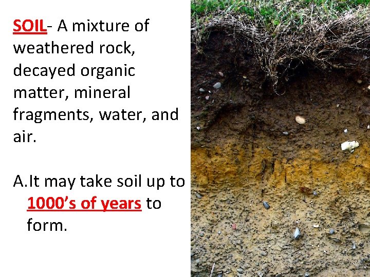 SOIL- A mixture of weathered rock, decayed organic matter, mineral fragments, water, and air.