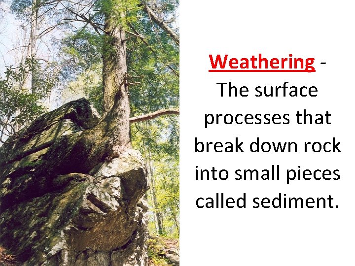 Weathering - The surface processes that break down rock into small pieces called sediment.