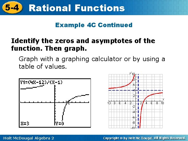 5 -4 Rational Functions Example 4 C Continued Identify the zeros and asymptotes of
