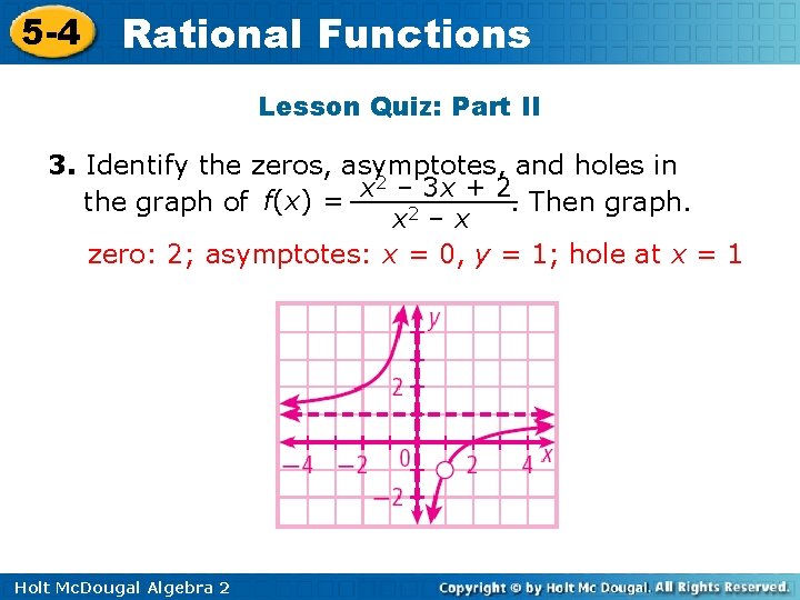5 -4 Rational Functions Lesson Quiz: Part II 3. Identify the zeros, asymptotes, and