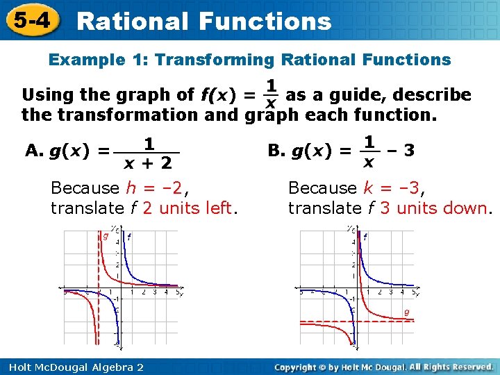 5 -4 Rational Functions Example 1: Transforming Rational Functions 1 Using the graph of