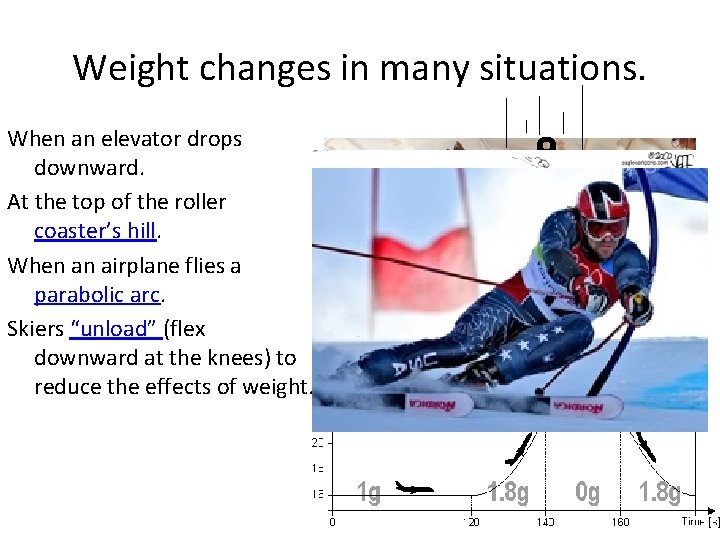 Weight changes in many situations. When an elevator drops downward. At the top of