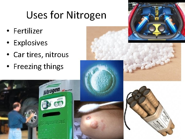 Uses for Nitrogen • • Fertilizer Explosives Car tires, nitrous Freezing things 