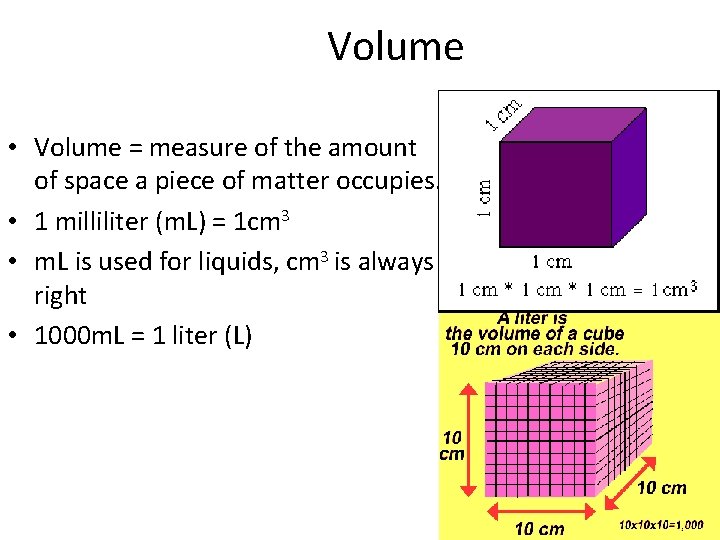 Volume • Volume = measure of the amount of space a piece of matter