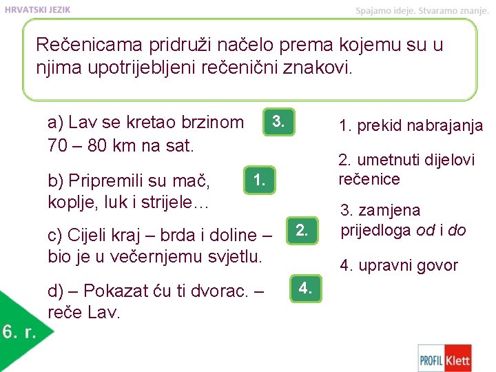 Rečenicama pridruži načelo prema kojemu su u njima upotrijebljeni rečenični znakovi. 3. a) Lav