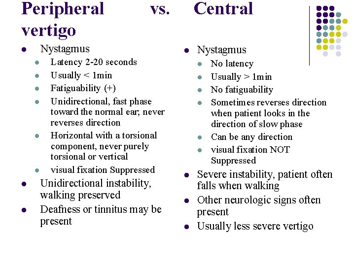 Peripheral vs. Central vertigo Nystagmus l l l l l Latency 2 -20 seconds