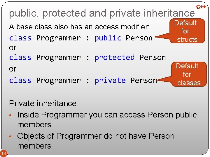 public, protected and private inheritance A base class also has an access modifier: class