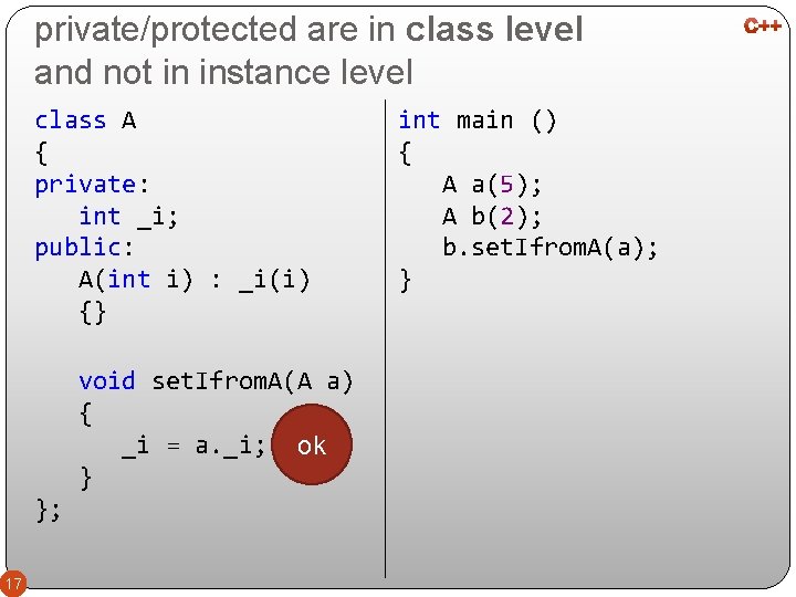 private/protected are in class level and not in instance level class A { private: