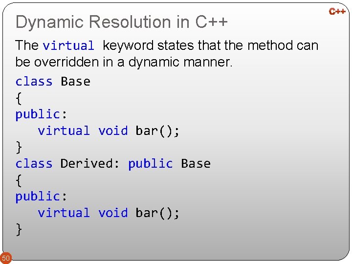 Dynamic Resolution in C++ The virtual keyword states that the method can be overridden