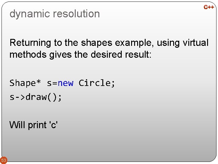 dynamic resolution Returning to the shapes example, using virtual methods gives the desired result: