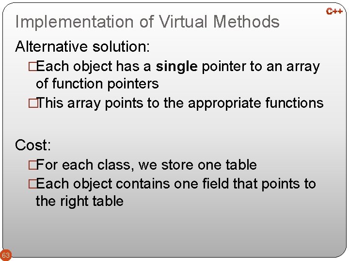 Implementation of Virtual Methods Alternative solution: �Each object has a single pointer to an