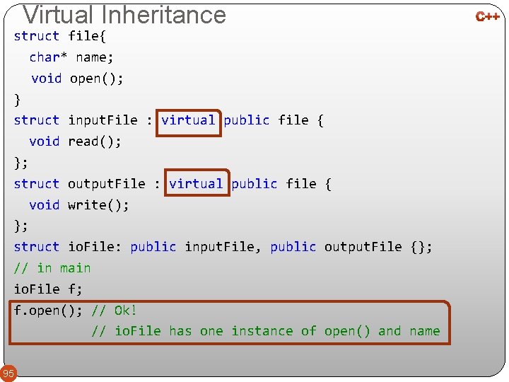 Virtual Inheritance struct file{ char* name; void open(); } struct input. File : virtual