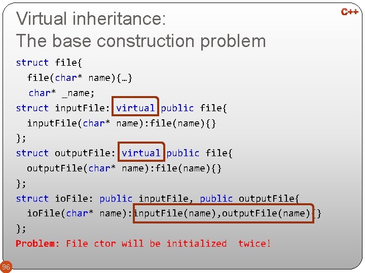 Virtual inheritance: The base construction problem struct file{ file(char* name){…} char* _name; struct input.