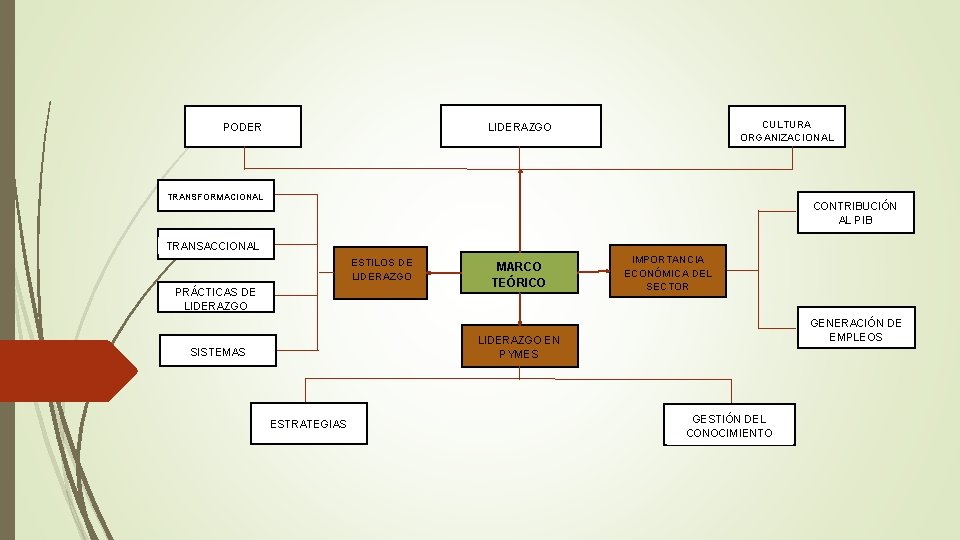 CULTURA ORGANIZACIONAL LIDERAZGO PODER TRANSFORMACIONAL CONTRIBUCIÓN AL PIB TRANSACCIONAL ESTILOS DE LIDERAZGO PRÁCTICAS DE