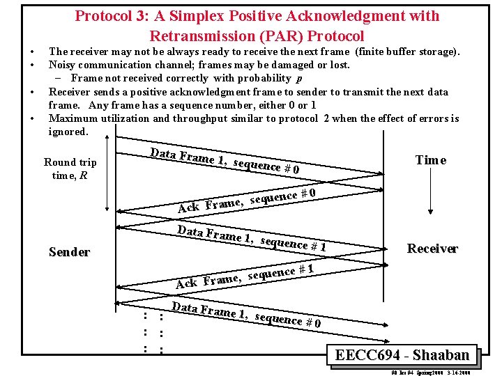 Protocol 3: A Simplex Positive Acknowledgment with Retransmission (PAR) Protocol • • The receiver