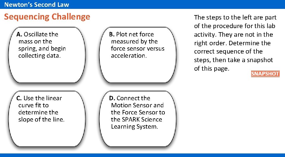 Newton’s Second Law Sequencing Challenge A. Oscillate the mass on the spring, and begin Newton’s Second Law Sequencing Challenge A. Oscillate the mass on the spring, and begin