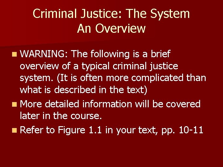 Criminal Justice: The System An Overview n WARNING: The following is a brief overview