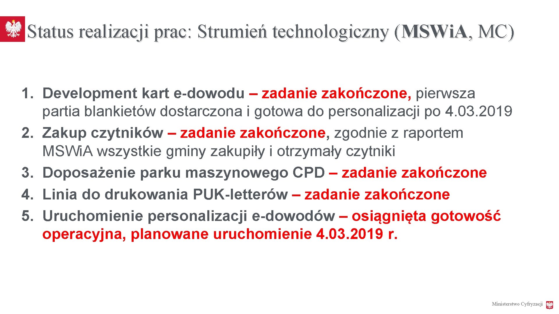 Status realizacji prac: Strumień technologiczny (MSWi. A, MC) 1. Development kart e-dowodu – zadanie