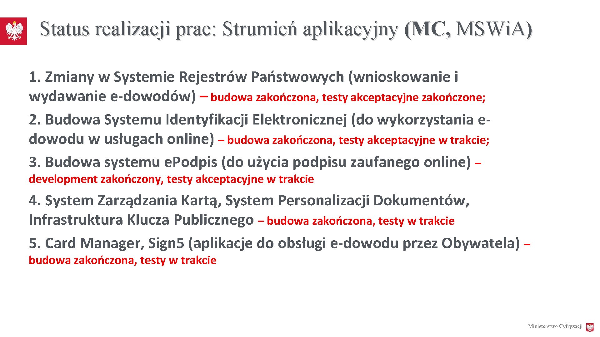 Status realizacji prac: Strumień aplikacyjny (MC, MSWi. A) 1. Zmiany w Systemie Rejestrów Państwowych