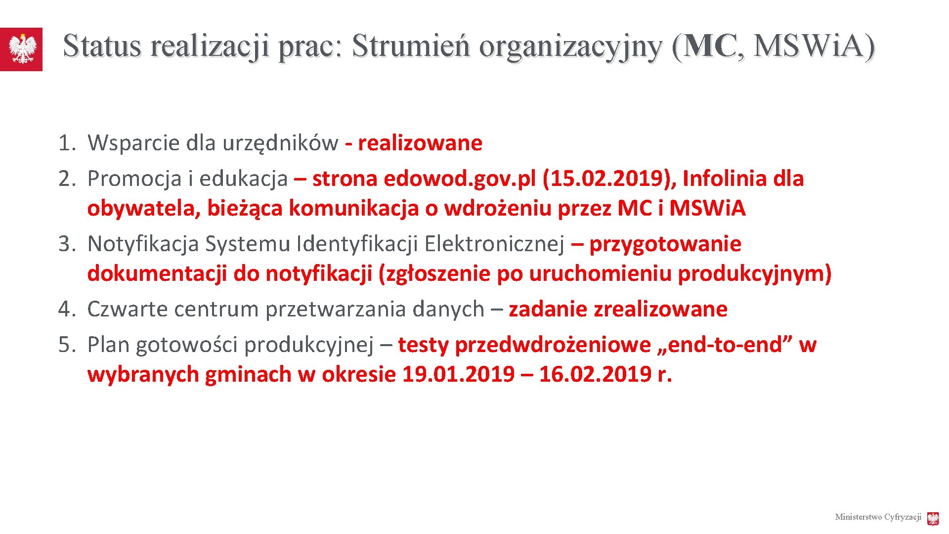 Status realizacji prac: Strumień organizacyjny (MC, MSWi. A) 1. Wsparcie dla urzędników - realizowane