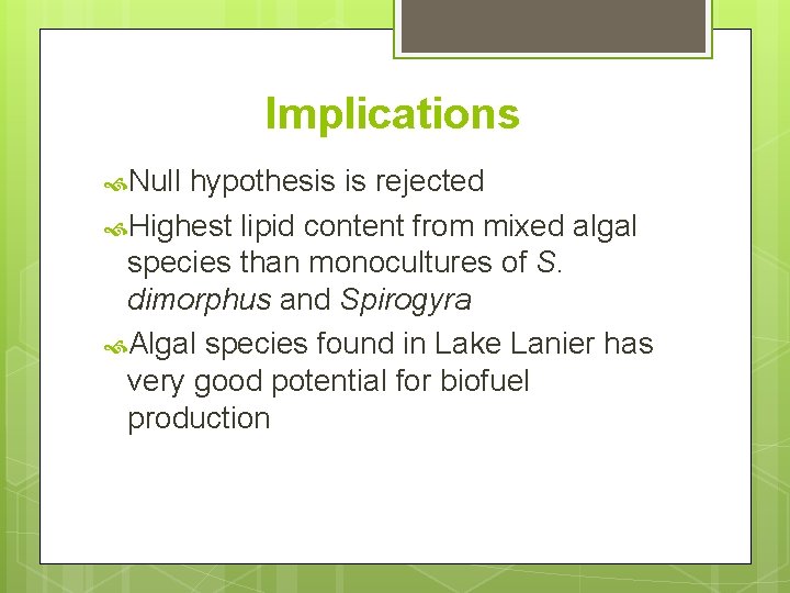 Implications Null hypothesis is rejected Highest lipid content from mixed algal species than monocultures