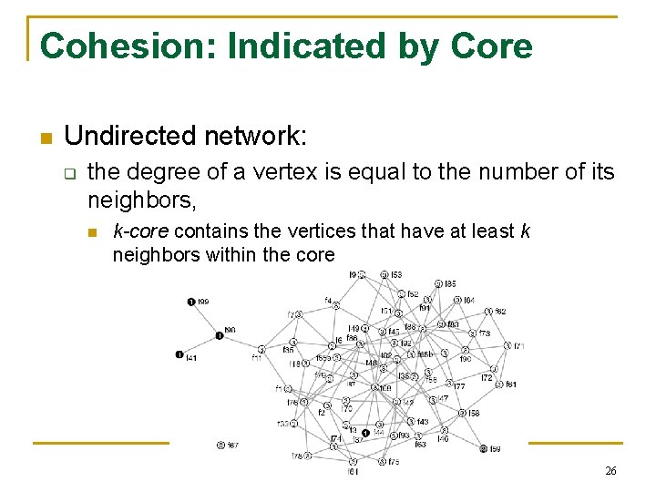 Cohesion: Indicated by Core n Undirected network: q the degree of a vertex is