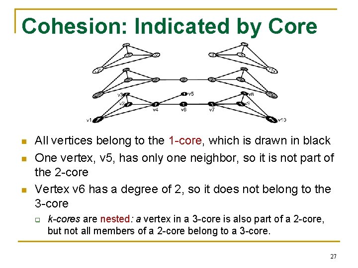 Cohesion: Indicated by Core n n n All vertices belong to the 1 -core,