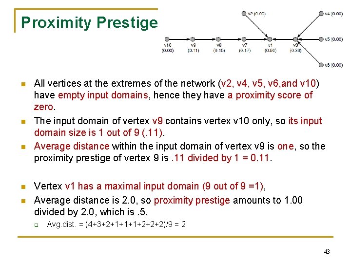 Proximity Prestige n n n All vertices at the extremes of the network (v