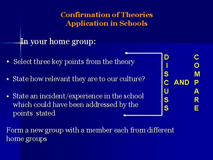 Confirmation of Theories Application in Schools In your home group: • Select three key Confirmation of Theories Application in Schools In your home group: • Select three key