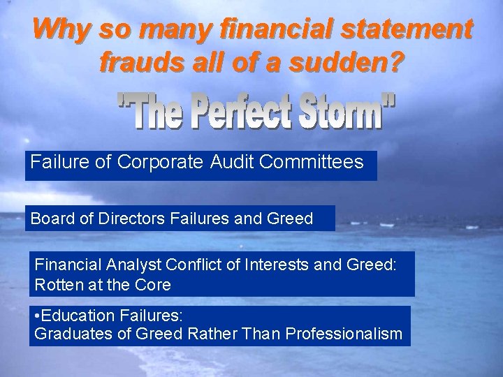 Why so many financial statement frauds all of a sudden? Failure of Corporate Audit