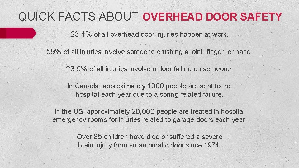 QUICK FACTS ABOUT OVERHEAD DOOR SAFETY 23. 4% of all overhead door injuries happen QUICK FACTS ABOUT OVERHEAD DOOR SAFETY 23. 4% of all overhead door injuries happen