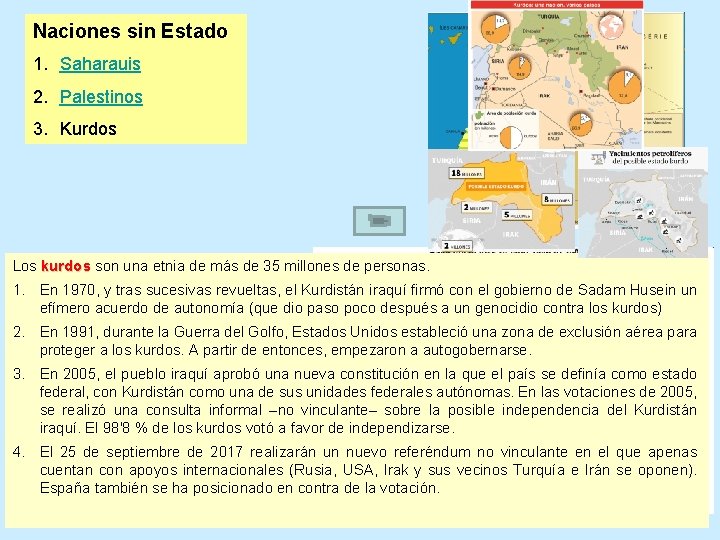 Naciones sin Estado 1. Saharauis 2. Palestinos 3. Kurdos Los kurdos son una etnia