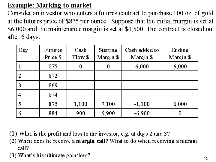 Example: Marking-to-market Consider an investor who enters a futures contract to purchase 100 oz.